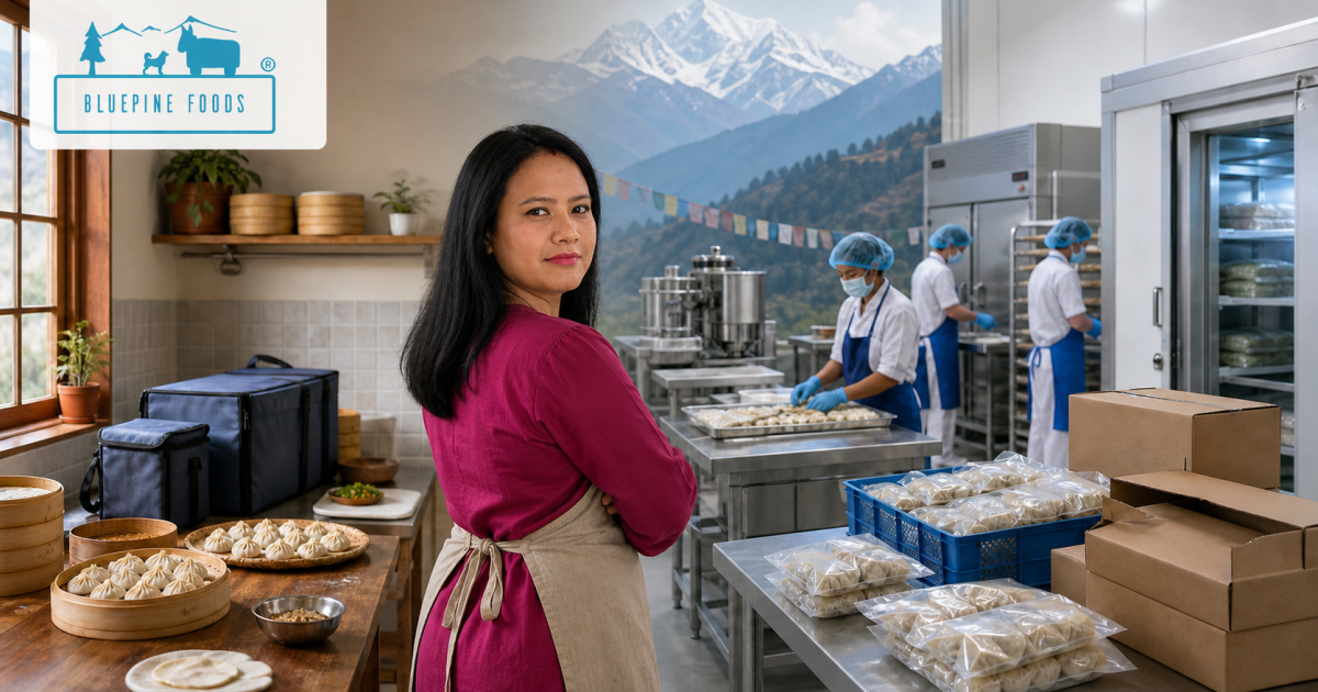 BluePine Foods founder Aditi Madan pictured within an editorial illustration of a momo kitchen developing into a modern frozen-food operation