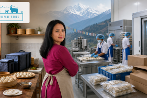 BluePine Foods founder Aditi Madan pictured within an editorial illustration of a momo kitchen developing into a modern frozen-food operation