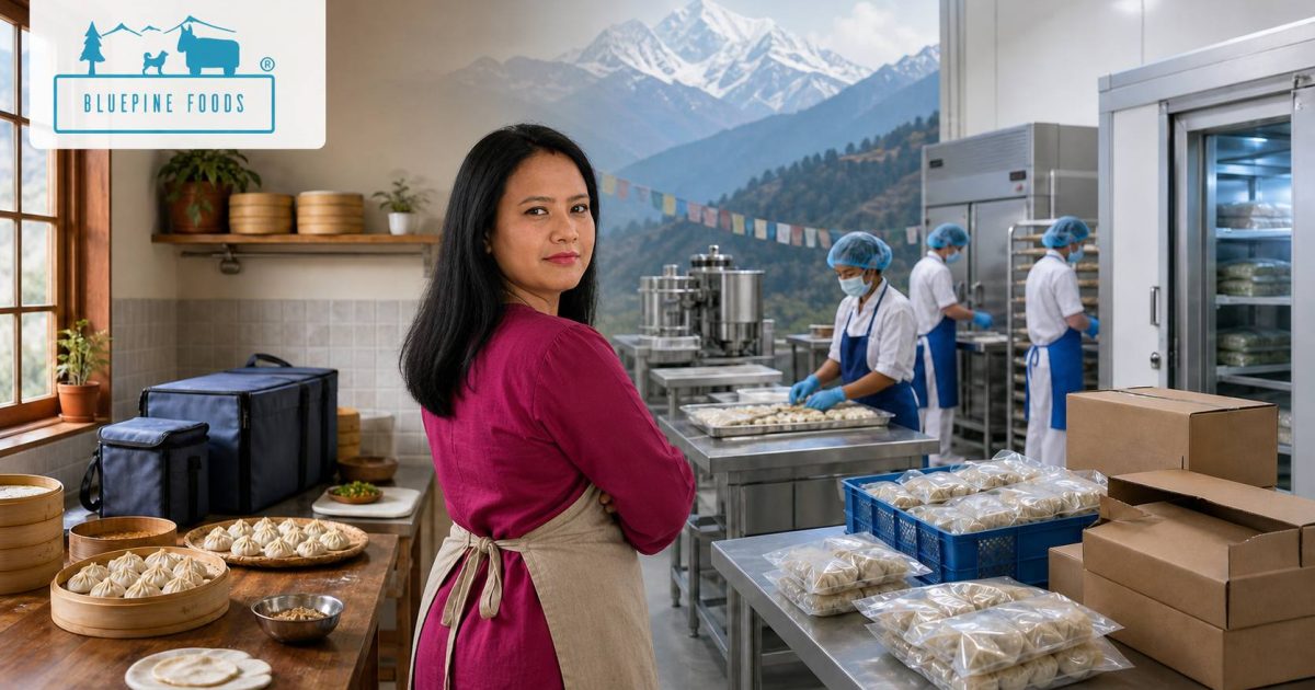 BluePine Foods founder Aditi Madan pictured within an editorial illustration of a momo kitchen developing into a modern frozen-food operation