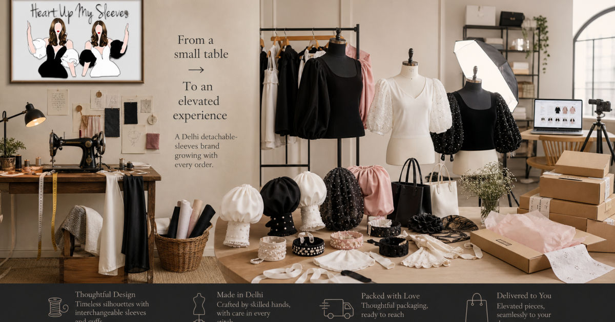 Detachable statement sleeves progressing from a tailoring table to an online fashion studio
