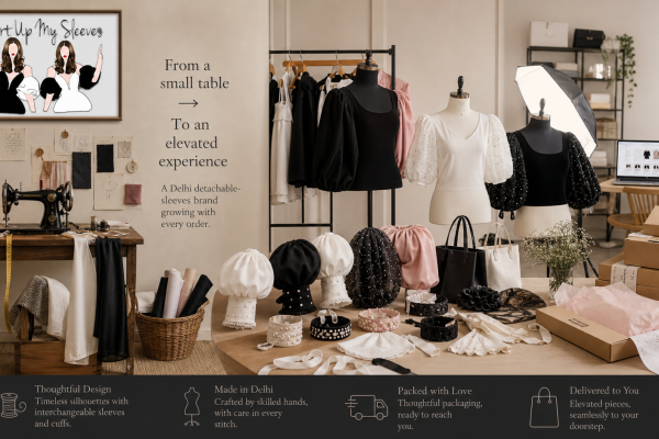 Detachable statement sleeves progressing from a tailoring table to an online fashion studio