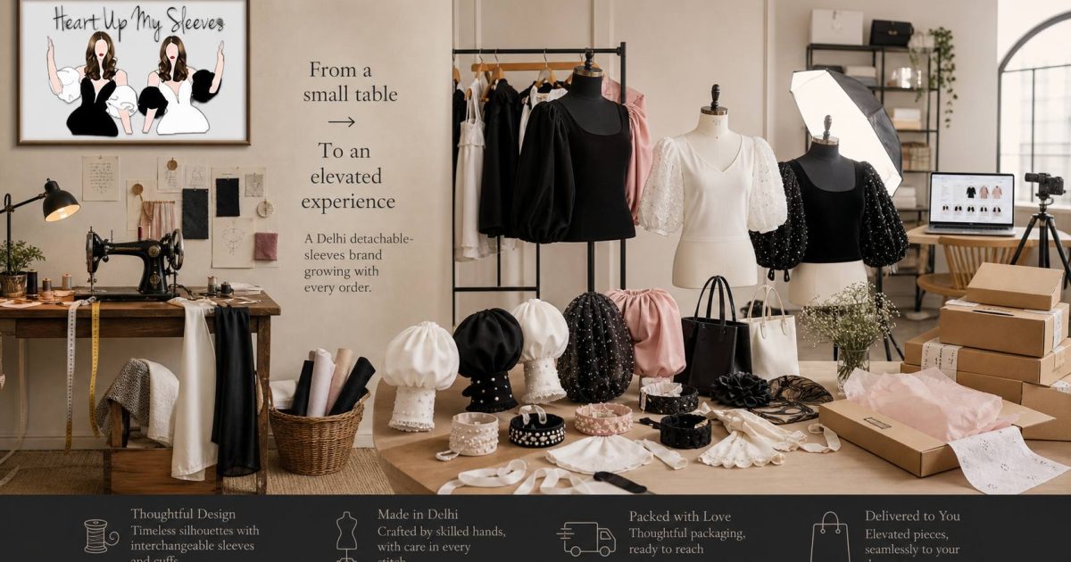 Detachable statement sleeves progressing from a tailoring table to an online fashion studio